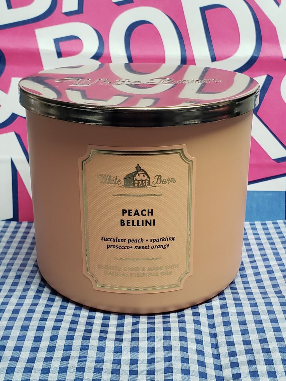 BBW Peach Bellini Solid Orange White Barn Large 3 Wick Candle Home Fragrance